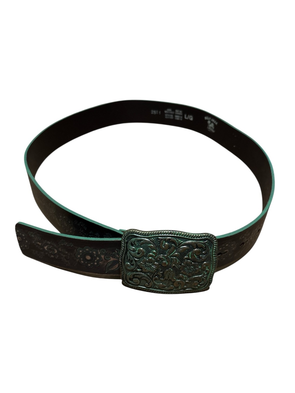 Belt Shak Leather Belt Large Tooled Flower Buckle Brown Made in Canada See desc.